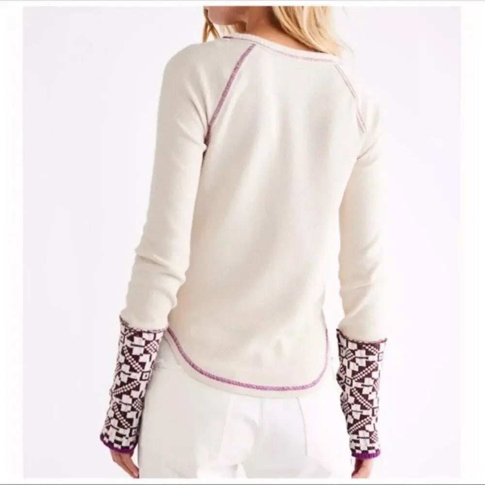 Free People She's Reversible Cuff Thermal Tee Oatmeal Size Small Bohemian